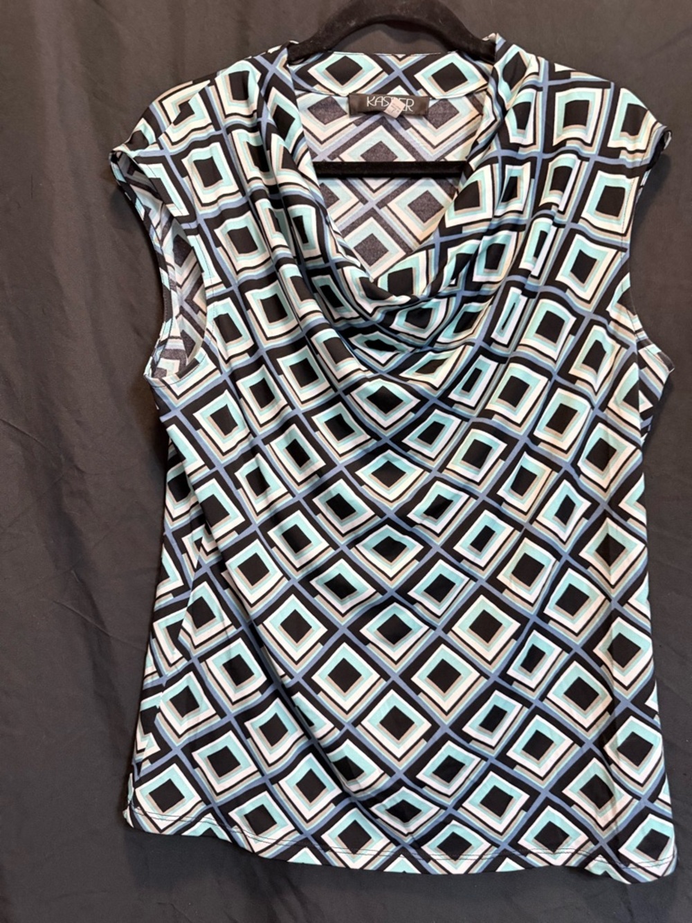 Kasper Aqua and Black Geometric Cowl Neck Camisole
